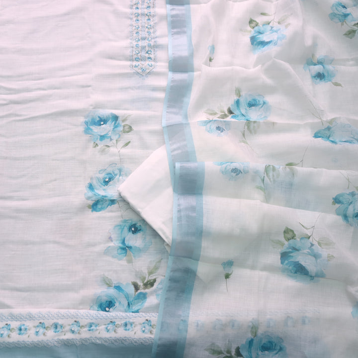 Tarasi White with Blue Floral Print with Spiral Work Cotton Linen Suit Set