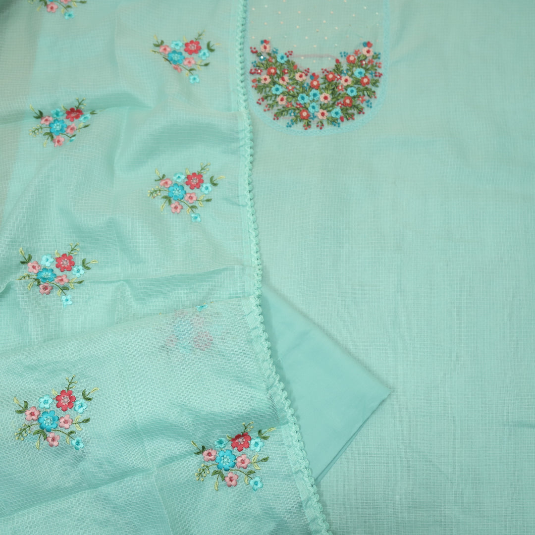 Gulbahar Aqua Blue Floral Thread Neck Work Kota Doriya Suit Set