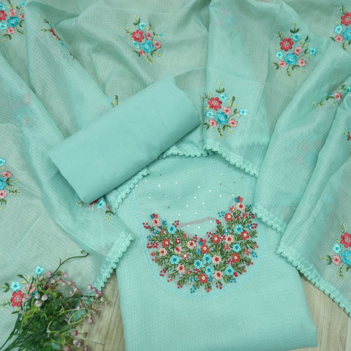 Gulbahar Aqua Blue Floral Thread Neck Work Kota Doriya Suit Set