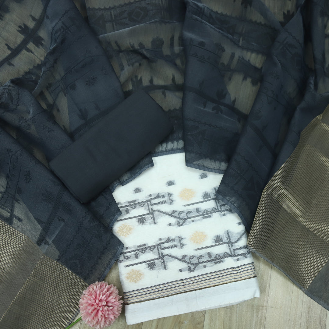 Jannat White with Black Authentic Jamdani Weaved with Zari Suit Set