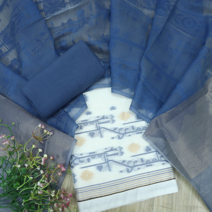 Jannat White with Blue Authentic Jamdani Weaved with Zari Suit Set