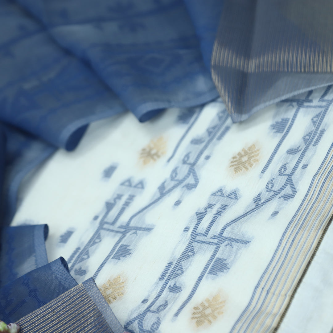 Jannat White with Blue Authentic Jamdani Weaved with Zari Suit Set