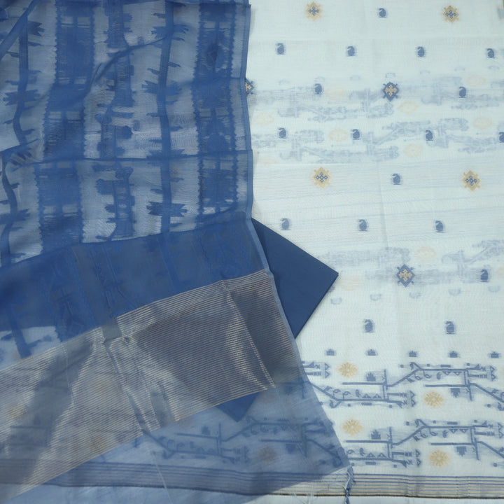 Jannat White with Blue Authentic Jamdani Weaved with Zari Suit Set