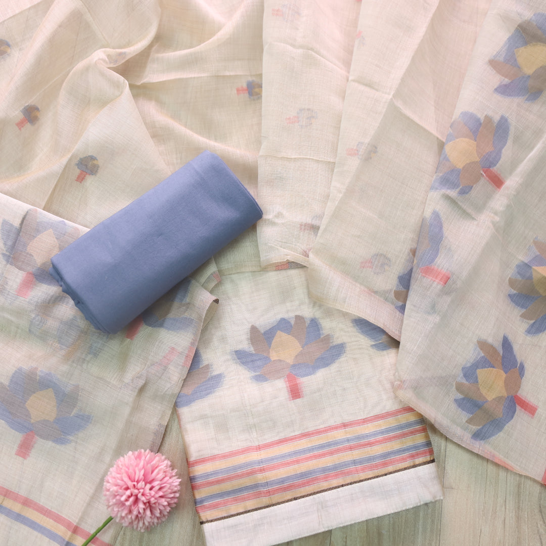 Kush Beige with Ceru Blue Floral Authentic Jamdani Weaved Suit Set