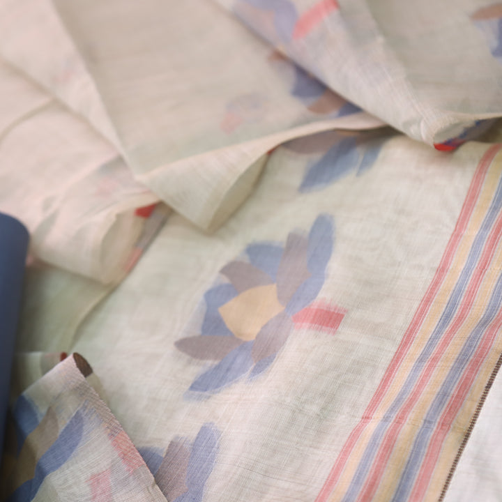 Kush Beige with Ceru Blue Floral Authentic Jamdani Weaved Suit Set