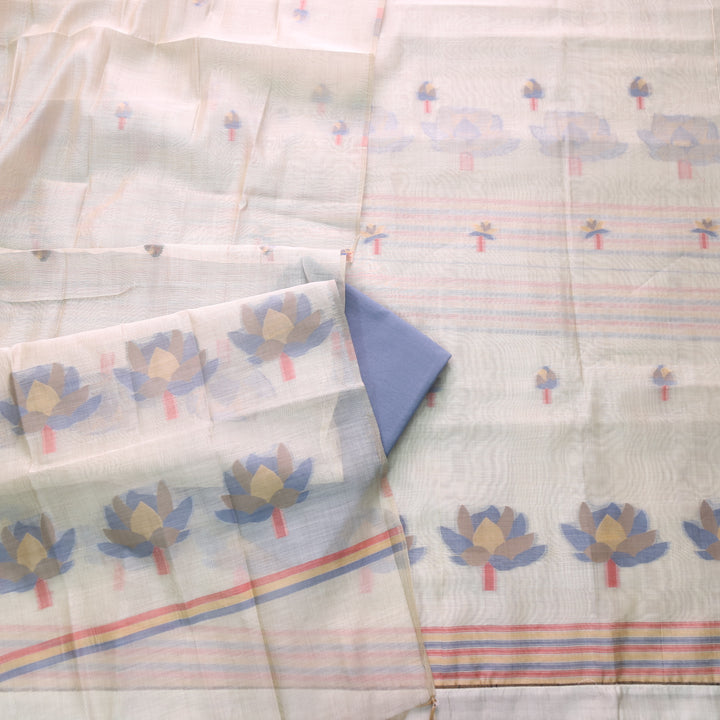 Kush Beige with Ceru Blue Floral Authentic Jamdani Weaved Suit Set