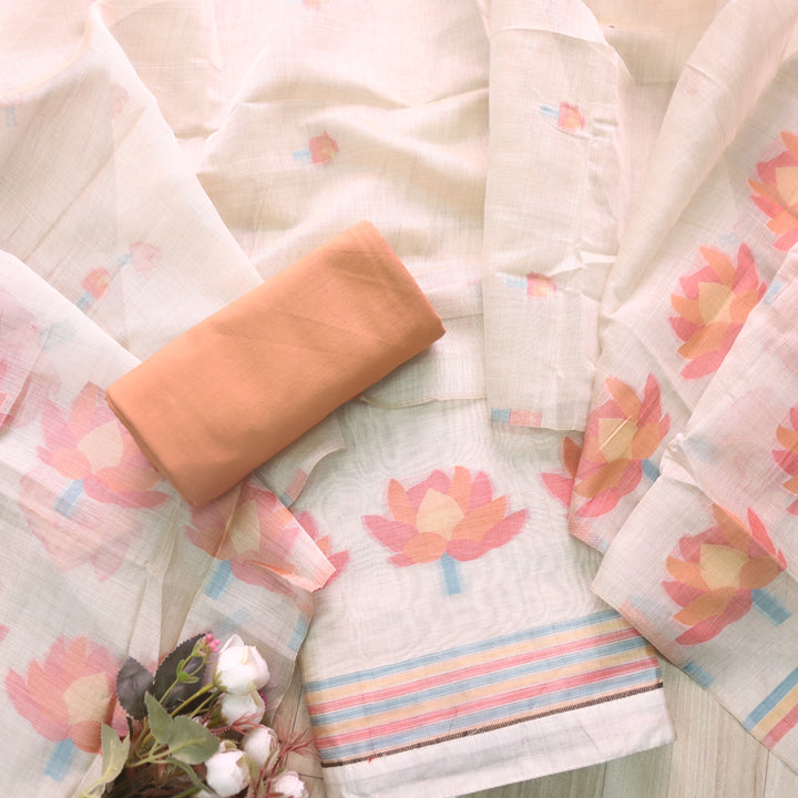 Kush Beige with Orange Floral Authentic Jamdani Weaved Suit Set