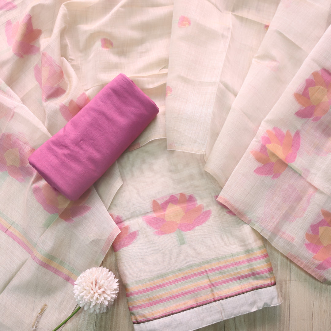 Kush Beige with Purple Floral Authentic Jamdani Weaved Suit Set