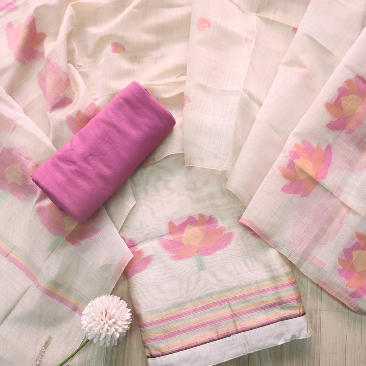 Kush Beige with Purple Floral Authentic Jamdani Weaved Suit Set
