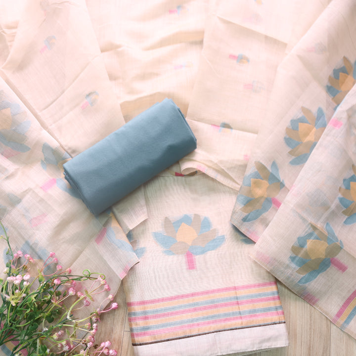 Kush Beige with Fade Grey Floral Authentic Jamdani Weaved Suit Set