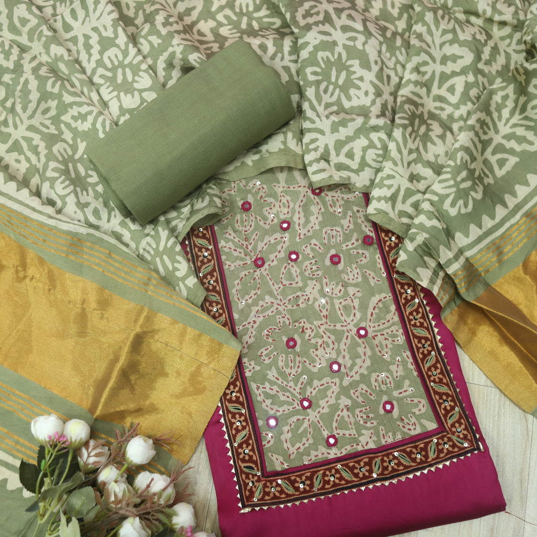 Tarasi Magenta Purple Kantha Work Neck Patch Glazed Cotton Suit Set