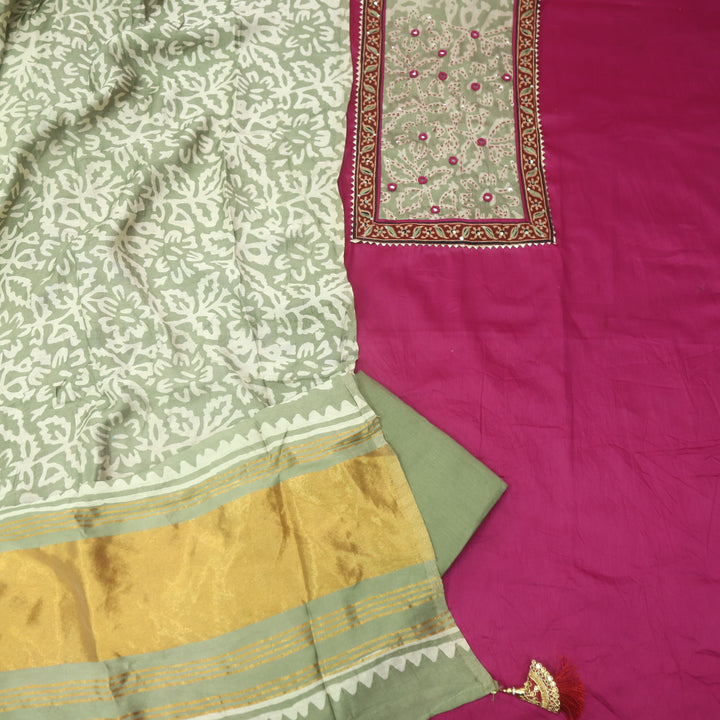 Tarasi Magenta Purple Kantha Work Neck Patch Glazed Cotton Suit Set