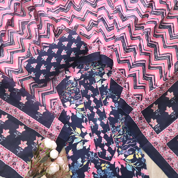 Rivva Dark Navy Blue Mirror Neck in Floral Printed Cotton Suit Set
