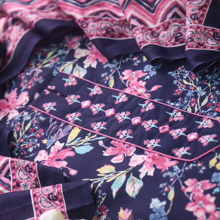 Rivva Dark Navy Blue Mirror Neck in Floral Printed Cotton Suit Set