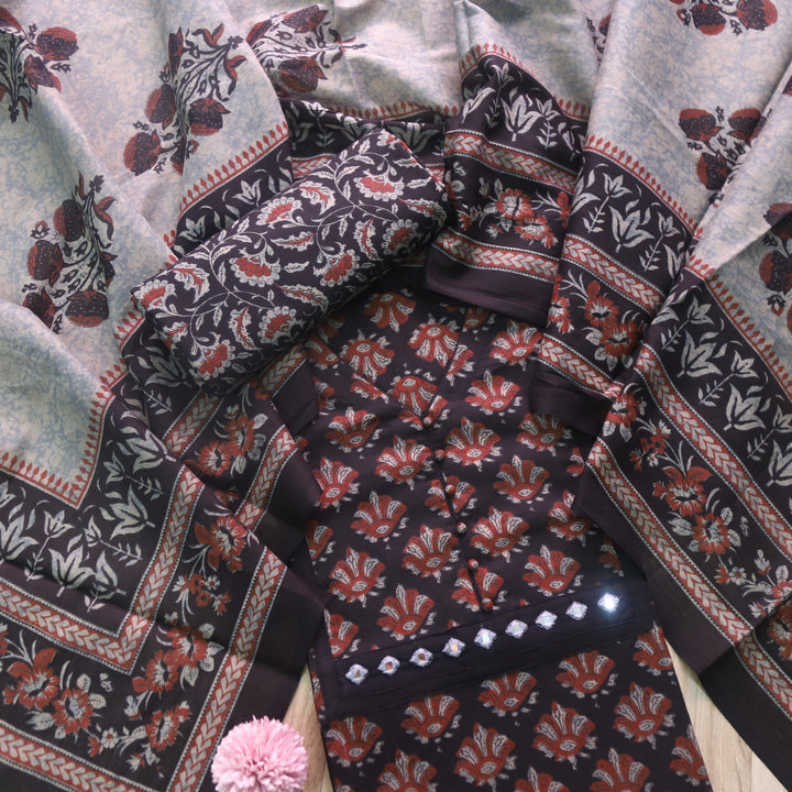 Rivva Faded Black Mirror in Round Neck Ajrak Printed Cotton Suit Set