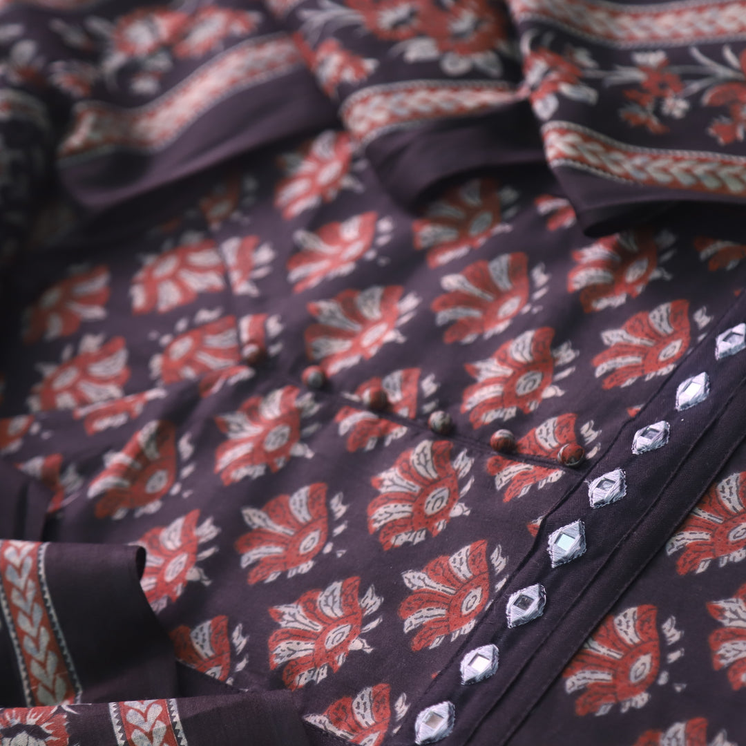Rivva Faded Black Mirror in Round Neck Ajrak Printed Cotton Suit Set