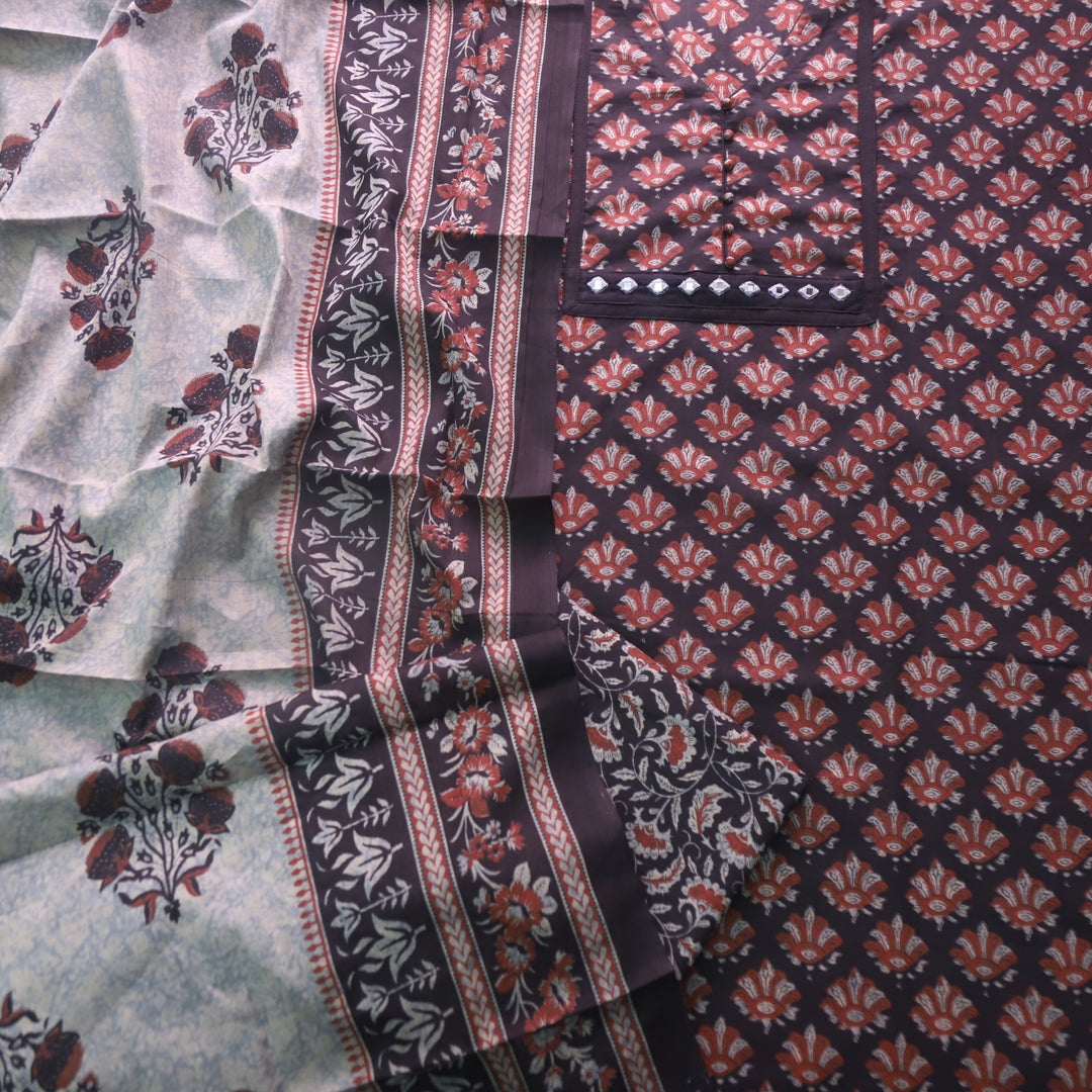 Rivva Faded Black Mirror in Round Neck Ajrak Printed Cotton Suit Set