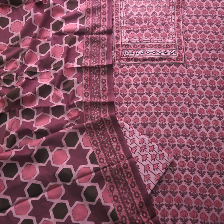 Rivva Mauve Pink Mirror in Round Neck Ajrak Printed Cotton Suit Set