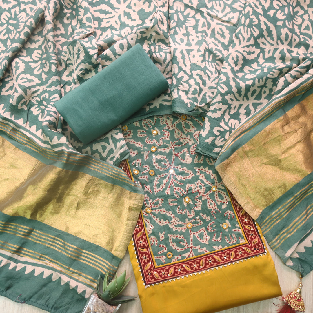 Tarasi Dijon Yellow Kantha Work Neck Patch Glazed Cotton Suit Set