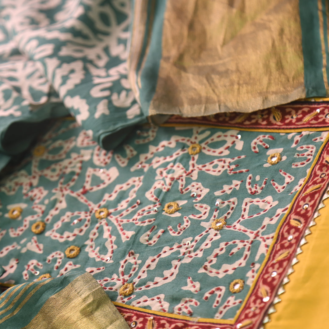Tarasi Dijon Yellow Kantha Work Neck Patch Glazed Cotton Suit Set