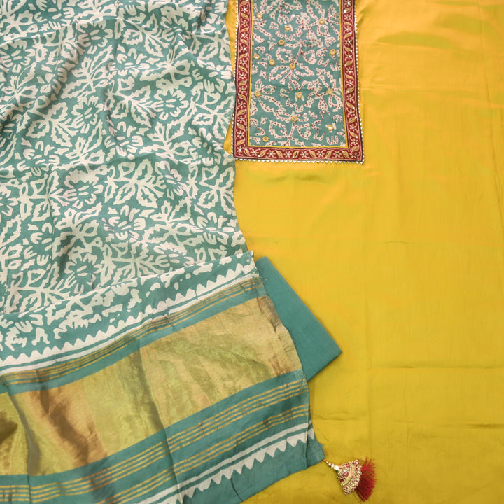 Tarasi Dijon Yellow Kantha Work Neck Patch Glazed Cotton Suit Set