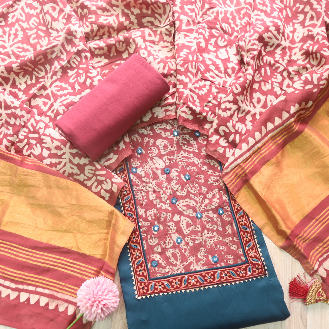 Tarasi Persussian Blue Kantha Work Neck Patch Glazed Cotton Suit Set