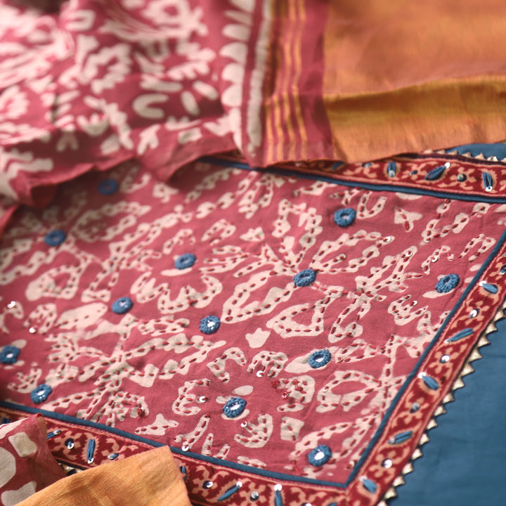 Tarasi Persussian Blue Kantha Work Neck Patch Glazed Cotton Suit Set