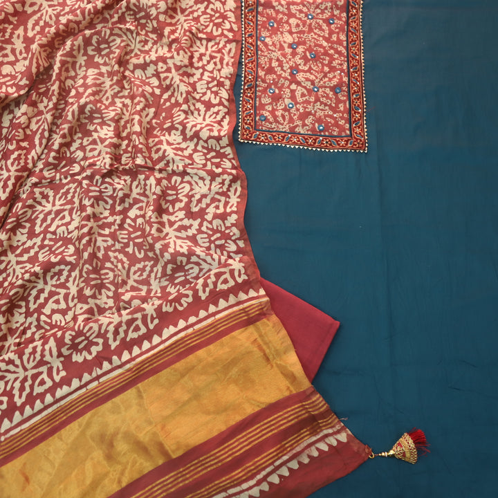Tarasi Persussian Blue Kantha Work Neck Patch Glazed Cotton Suit Set