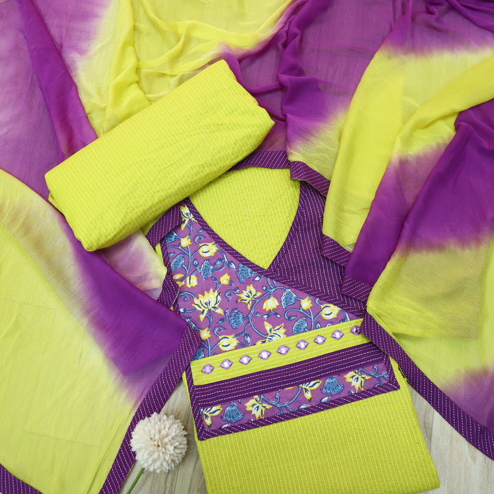 Sulari Mint Yellow Floral Yock Patch in Running Stitch Angrakha Cotton Suit Set