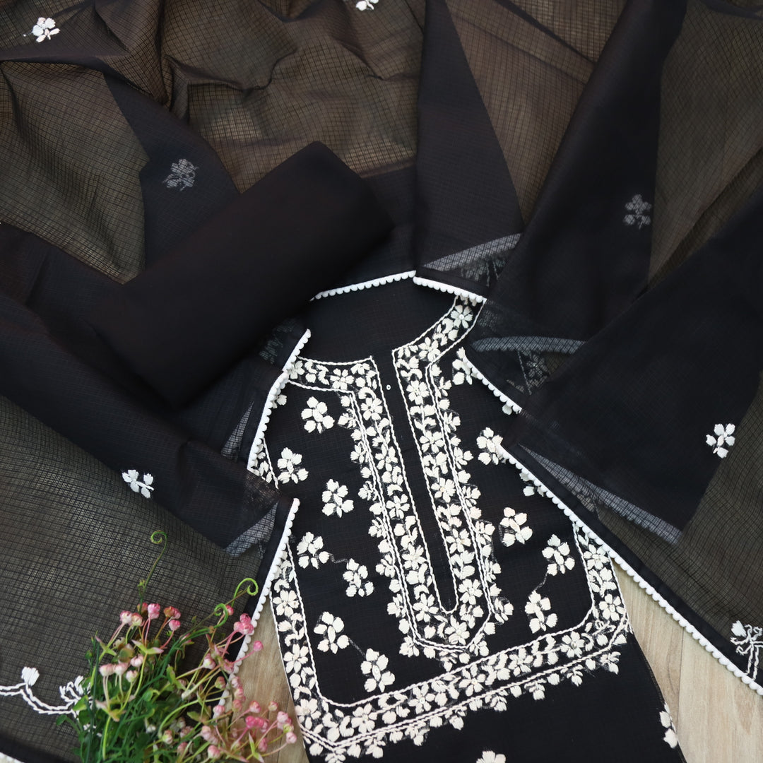 Raffta Black with White Chikankari Inspired Thread Work Kota Doriya Set