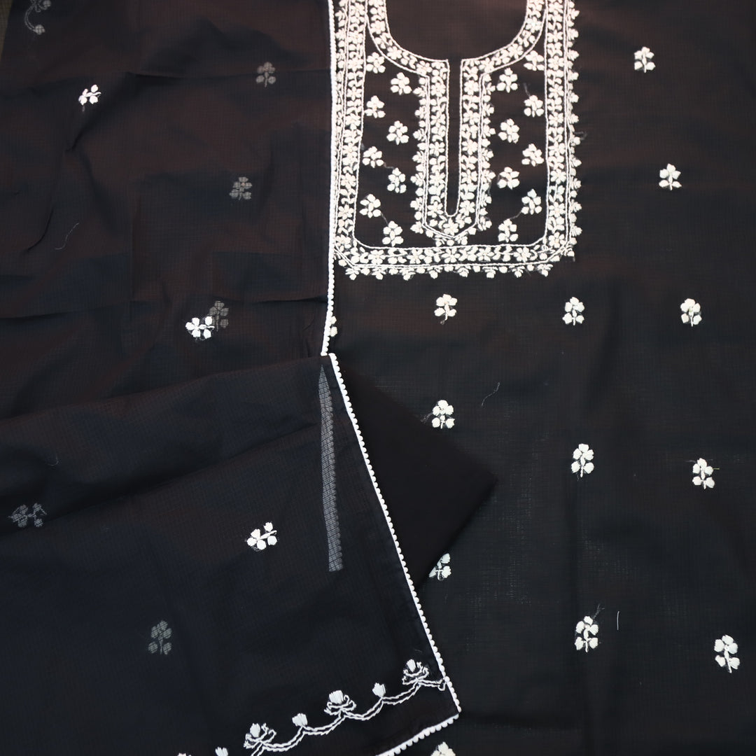 Raffta Black with White Chikankari Inspired Thread Work Kota Doriya Set