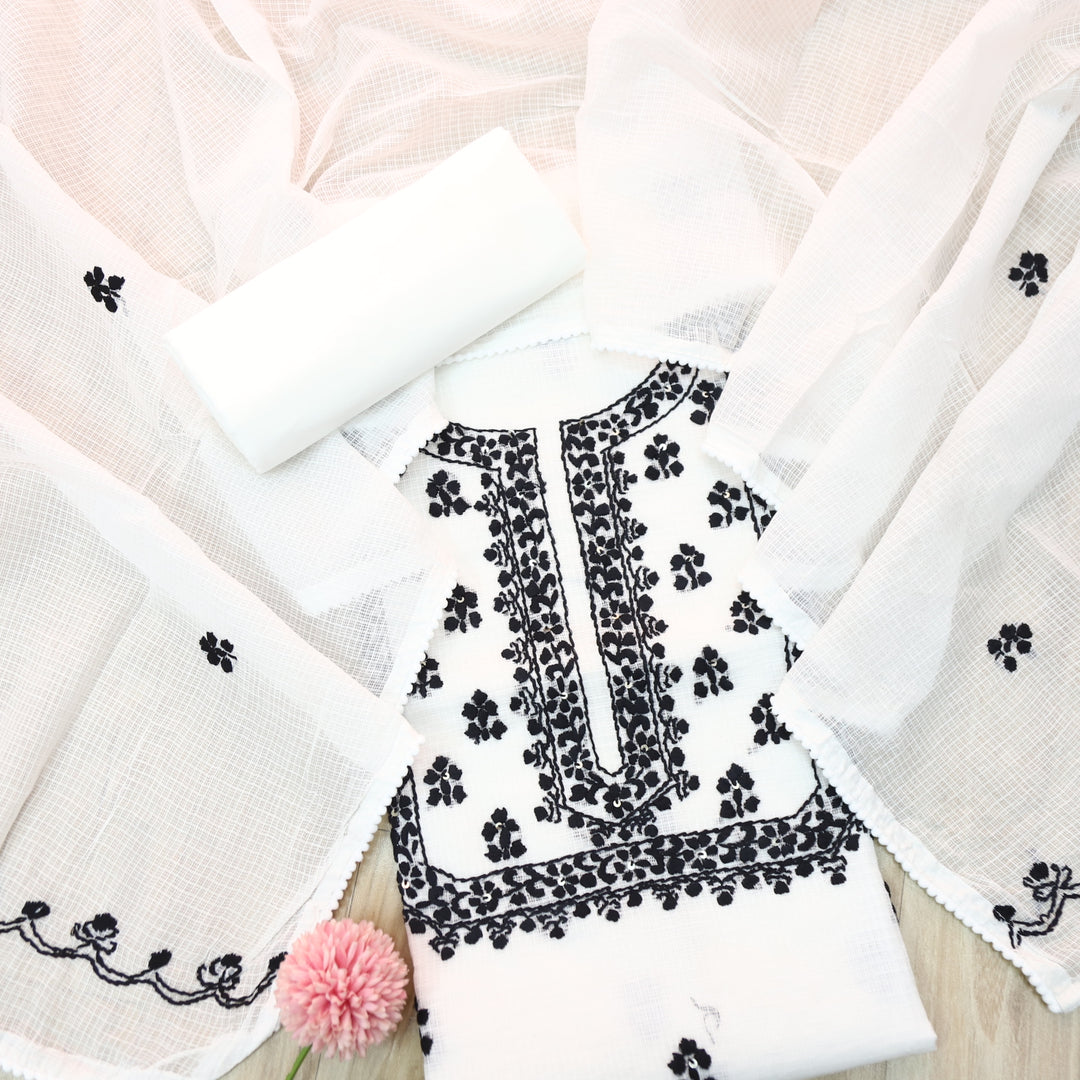 Raffta White with Black Chikankari Inspired Thread Work Kota doriya Set