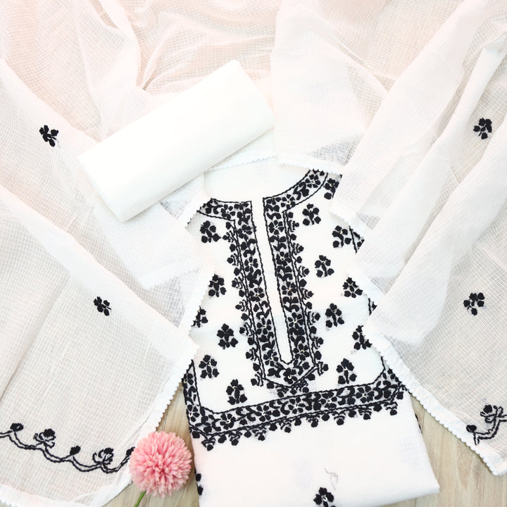 Raffta White with Black Chikankari Inspired Thread Work Kota doriya Set