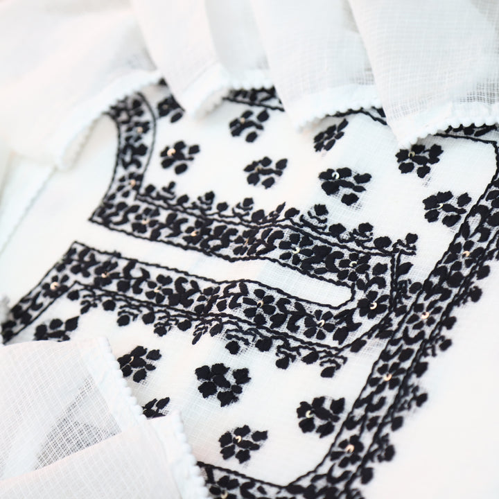 Raffta White with Black Chikankari Inspired Thread Work Kota doriya Set