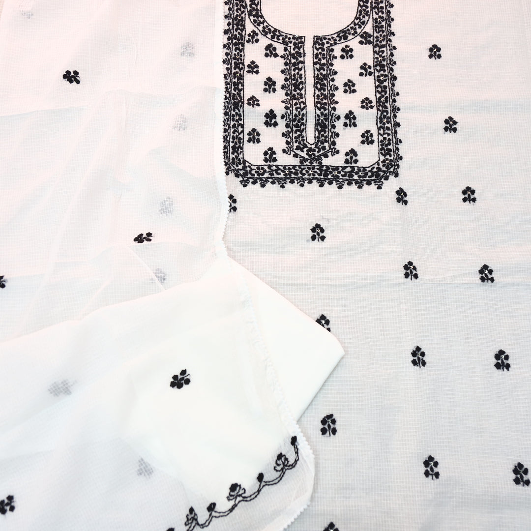 Raffta White with Black Chikankari Inspired Thread Work Kota doriya Set