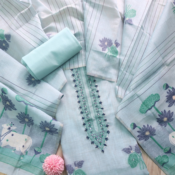Rubaaroo Sky Blue Thread with Pichwai Jamdani Weaved Suit Set