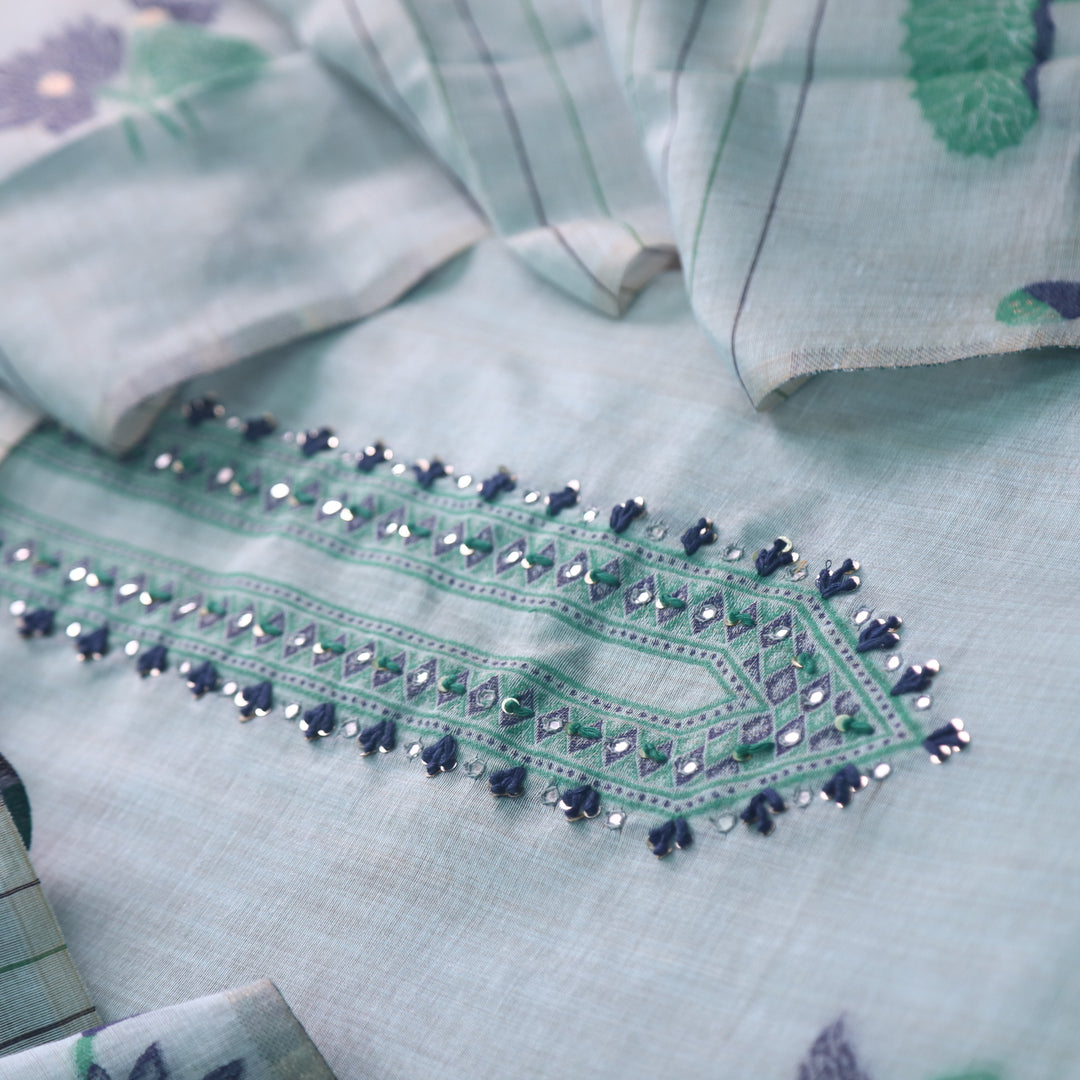 Rubaaroo Sky Blue Thread with Pichwai Jamdani Weaved Suit Set