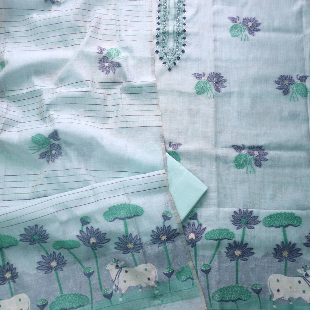 Rubaaroo Sky Blue Thread with Pichwai Jamdani Weaved Suit Set