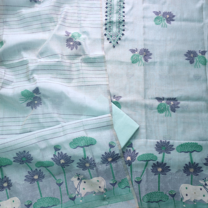 Rubaaroo Sky Blue Thread with Pichwai Jamdani Weaved Suit Set