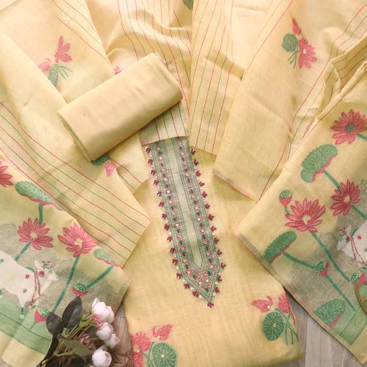 Rubaaroo Pine Yellow Thread with Pichwai Jamdani Weaved Suit Set