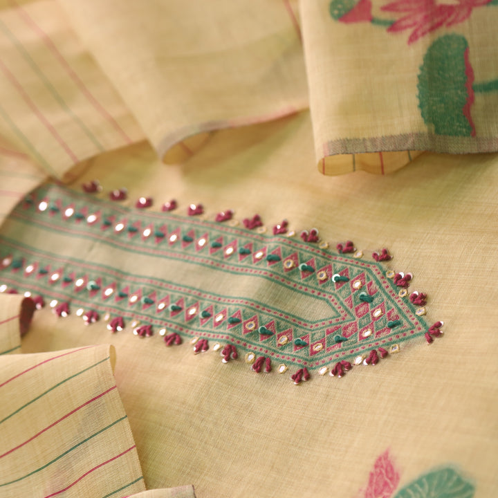 Rubaaroo Pine Yellow Thread with Pichwai Jamdani Weaved Suit Set