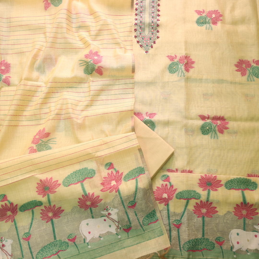 Rubaaroo Pine Yellow Thread with Pichwai Jamdani Weaved Suit Set