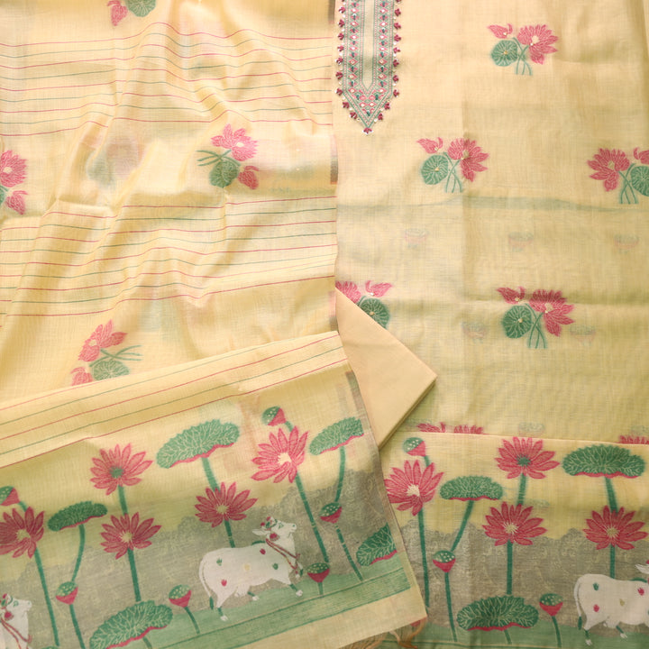 Rubaaroo Pine Yellow Thread with Pichwai Jamdani Weaved Suit Set