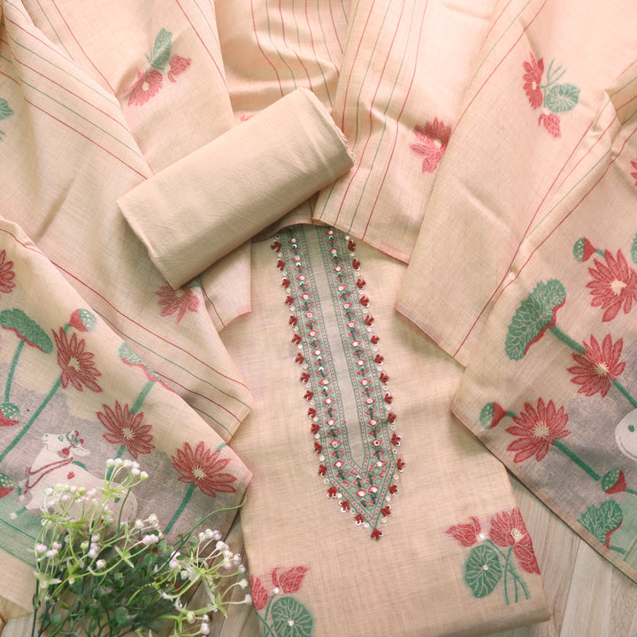Rubaaroo Sand Biege Thread with Pichwai Jamdani Weaved Suit Set