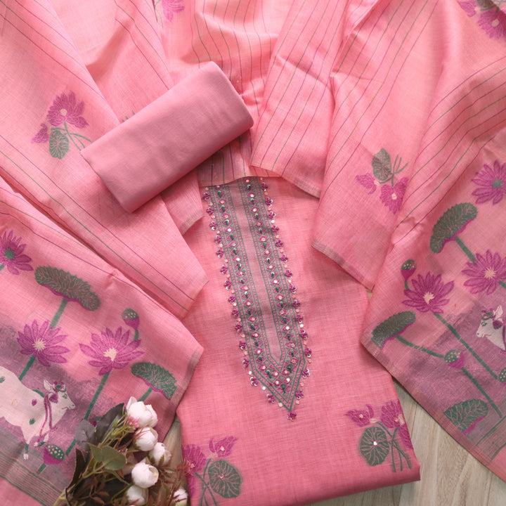 Rubaaroo Flamingo Pink Thread with Pichwai Jamdani Weaved Suit Set