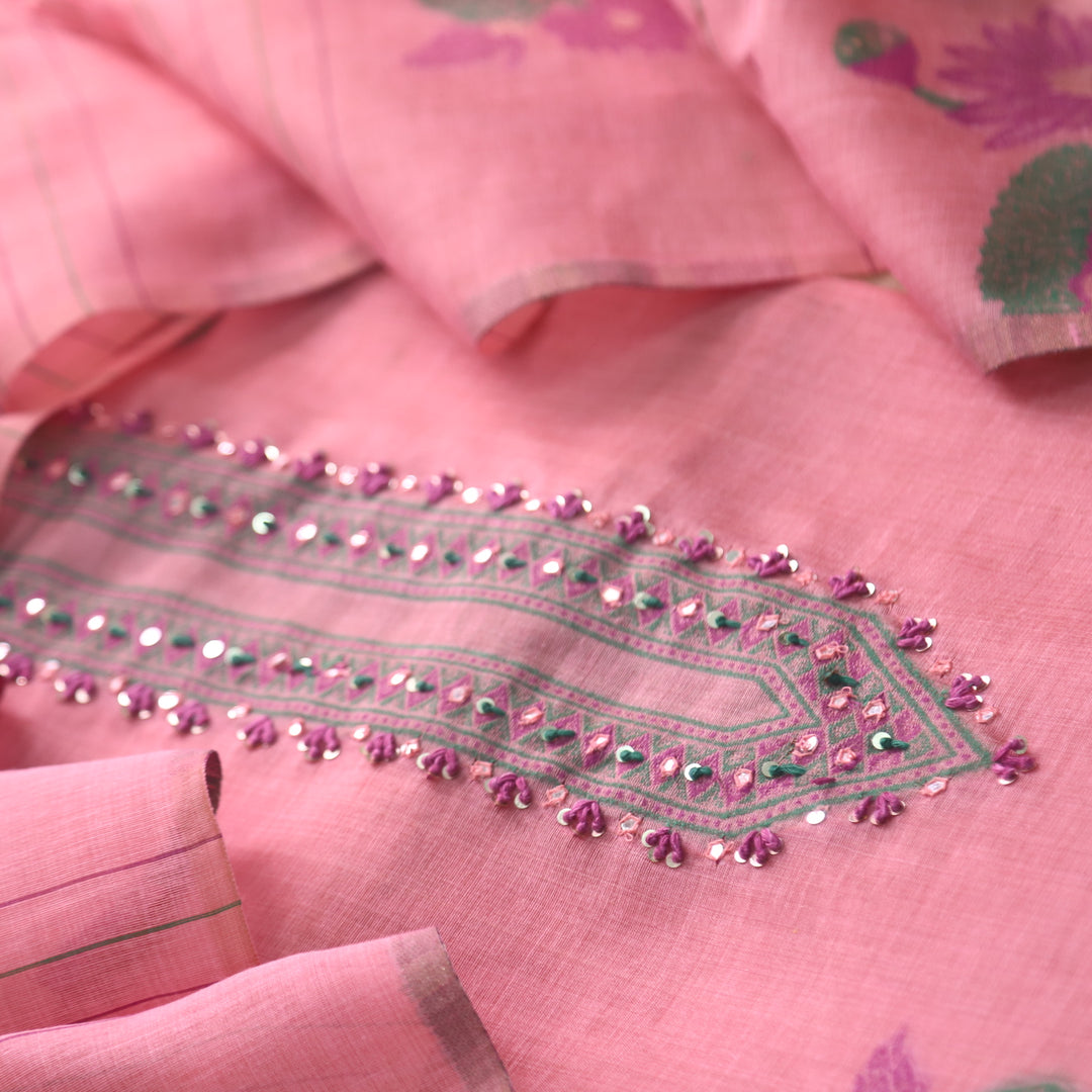 Rubaaroo Flamingo Pink Thread with Pichwai Jamdani Weaved Suit Set