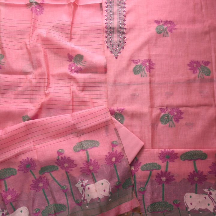 Rubaaroo Flamingo Pink Thread with Pichwai Jamdani Weaved Suit Set