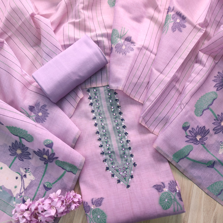 Rubaaroo Lavender Purple Thread with Pichwai Jamdani Weaved Suit Set