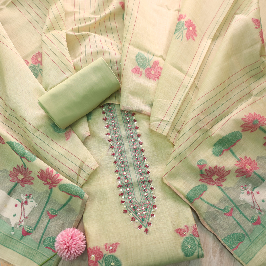 Rubaaroo Mint Green Thread with Pichwai Jamdani Weaved Suit Set