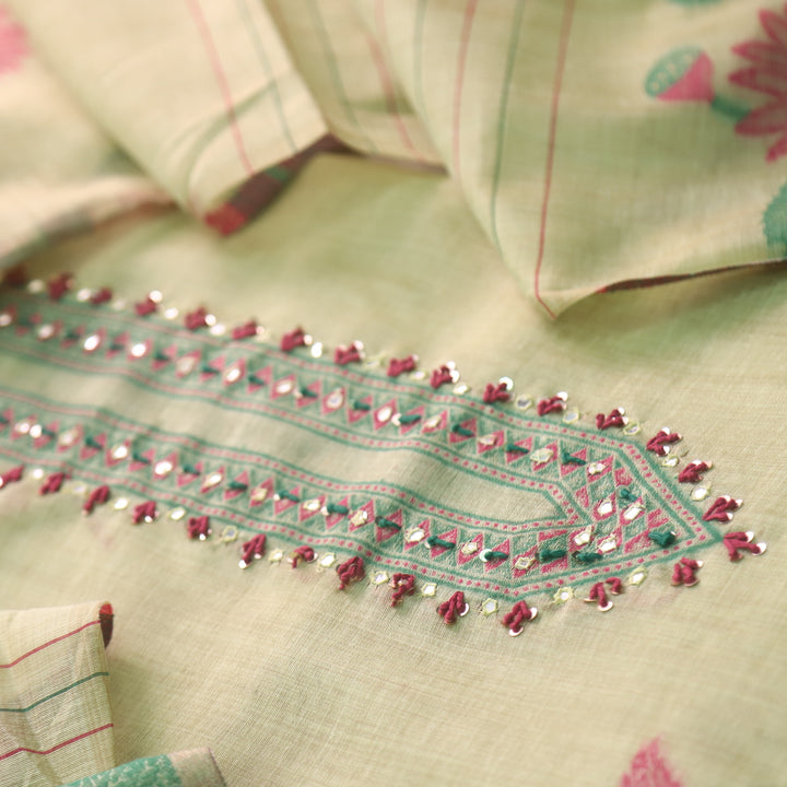 Rubaaroo Mint Green Thread with Pichwai Jamdani Weaved Suit Set